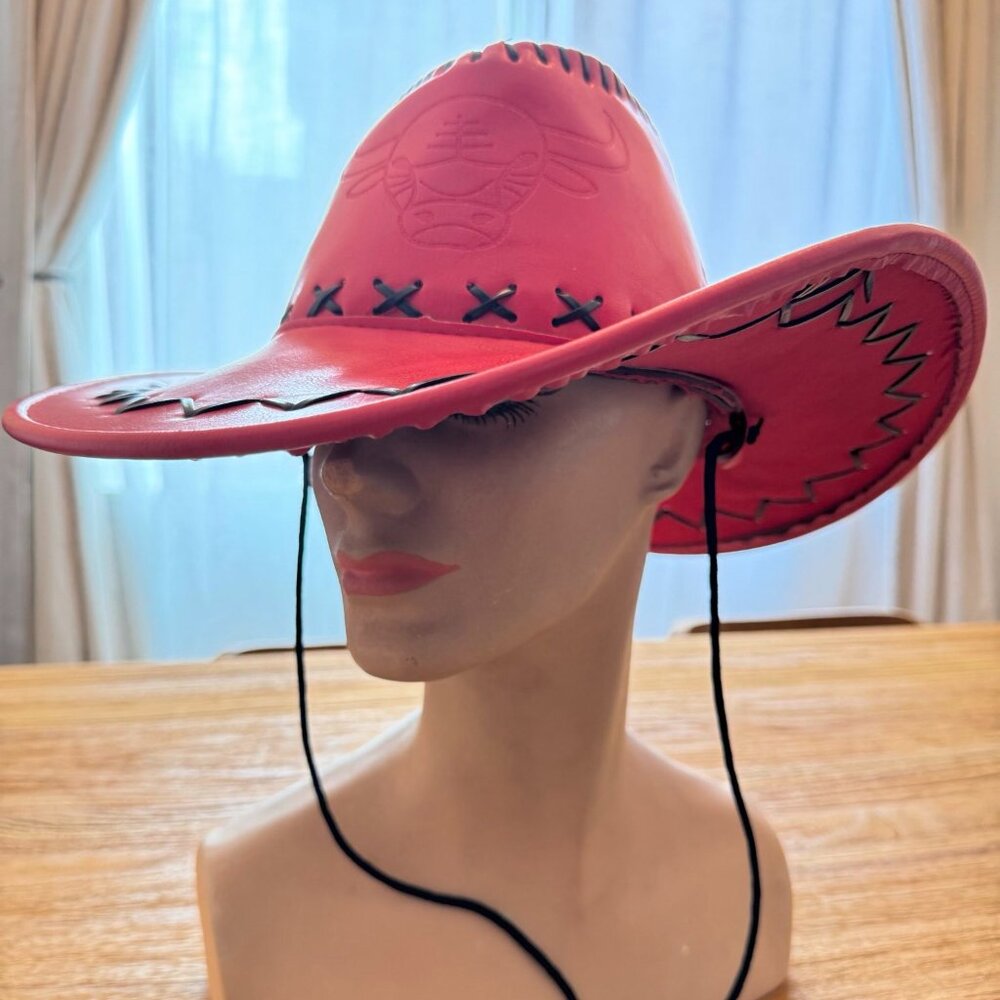 Red Faux Leather Cowboy Hat with Embossed Bull Logo & Black‎ Stitching